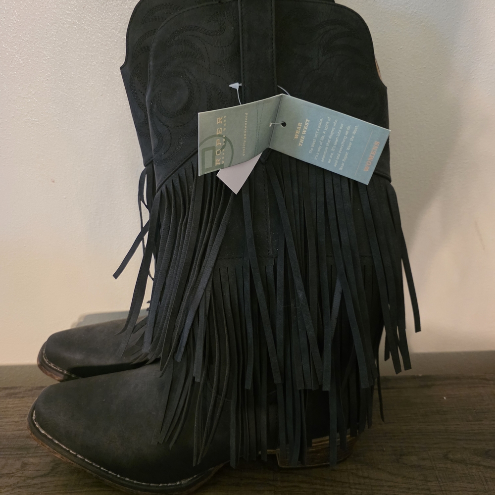 Roper Black Fringe Heeled Boots